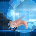 composite of hand pointing at graphics with blue background